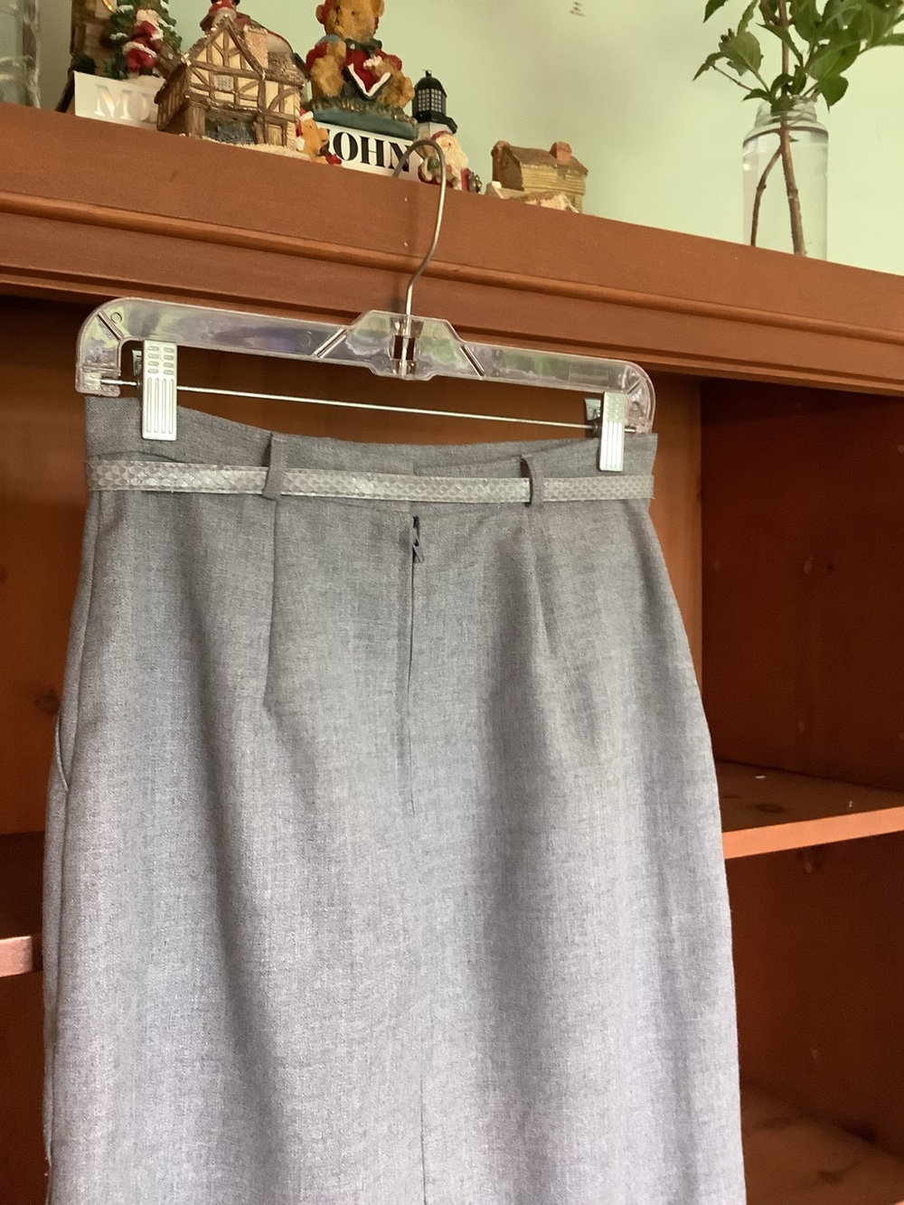 Vtg 80s 90s Grey Midi Pencil Skirt Side Button Slit Belted Pockets Size 11 - Picture 9 of 15